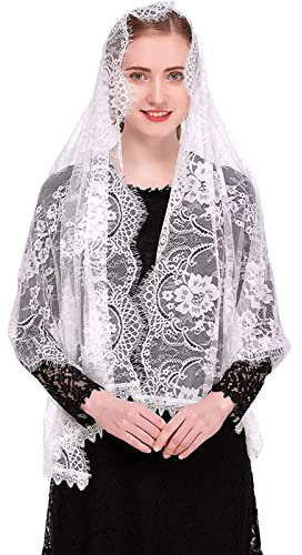 runrayay Weißer Spitzenschal, Kopftuch Rechteckiger Kapellenschleier Spanis Blumenschleier Wickelschal Masse Kopfbedeckung