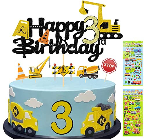 Yitla Engineering Vehicle Cake Toppers for Boys 3rd Birthday Decorations - Personalised Digger Cake Toppers with Kids Stickers (3)