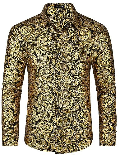 HISDERN Herren Satinhemden Langarm Gold Federdruck Glänzendes Hemd Lässige Mode Luxus Blumenhemden für Party Prom Gold XL