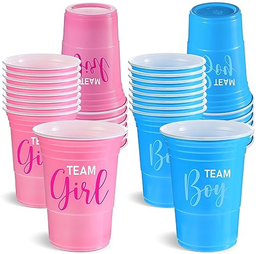 Norme 30 Pcs Gender Reveal Plastic Cups Team Boy Team Girl Disposable Blue Pink Plastic Cups Gender Reveal Party Supplies for Beverage Drink Tableware(16 oz)