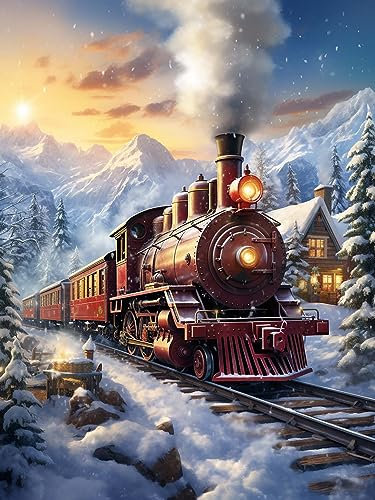 Ginfonr DIY Diamond Painting Zubehör Verschneite Landschaft Zug Set Full, 5D Diamant Painting Landschaft Bilder Kit Crystal Rhinestone Embroidery Decoration Für Home Wall Décor 30x40cm