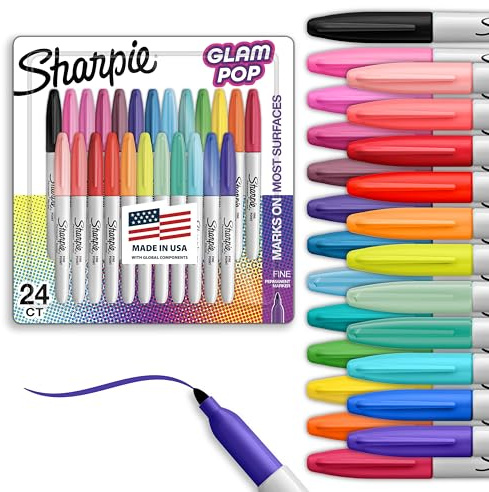 Sharpie Glam Pop Permanent Markers, Fine Tip, Assorted Colors, 24 Count - Arts & Crafts, Coloring, Office Supplies