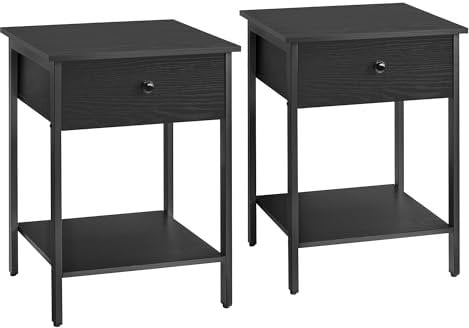 VASAGLE Nachttisch, 2er Set, Nachtkommode, Beistelltisch mit Schublade und Ablage, 40 x 40 x 55 cm, Schlafzimmer, Wohnzimmer, Stahlrahmen, einfacher Aufbau, ebenholzschwarz LET506B56