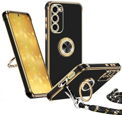 Keteen Funda con Cuerda para Samsung Galaxy S22 con 360° Anillo Soporte Galvanoplastia Carcasa Samsung S22 con Ajustable Collar Correa de Cuello Cordón Silicona Antigolpes Protector Case Negro