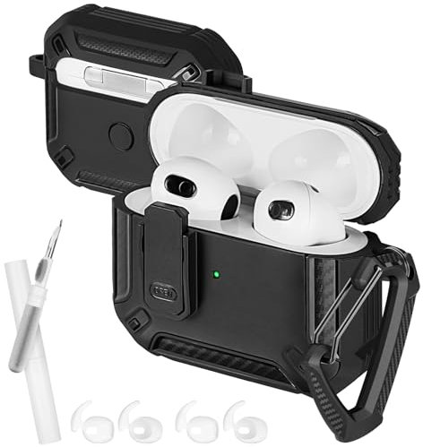AXFEE Case Cover Compatible with Airpods 3 Case with Lock, Shockproof Protective Cover with Cleaning Pen and Headphone Cover, Rugged Protective Case with Carabiner, Compatible with AirPods 3(2021)