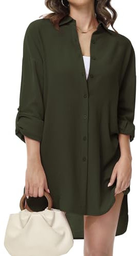 Tanmolo Damen Bluse V-Ausschnitt Hemdbluse Langarm Lässiges Hemd zum Knöpfen Langarmshirt Casual Oberteile Aufrollen Tops (Olivgrün,XXL)