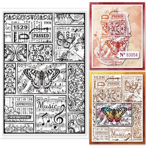 GLOBLELAND Transparente Stempel Mit Vintage Figur Retro Schmetterling Transparente Stempel Notenblatt Noten Silikonstempel Für Karten Fotoalbum Tagebuch Heimdekoration