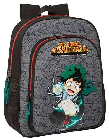 My Hero Academia Schulrucksack für Kinder, anpassbar an den Kinderwagen, ideal für Kinder im Schulalter, bequem und vielseitig, Qualität und Widerstandsfähigkeit, 32 x 12 x 38 cm, Schwarz, Schwarz,