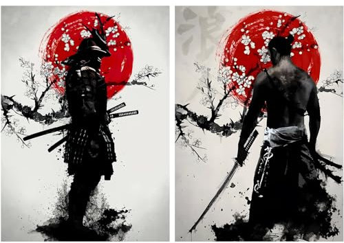 KAIDAARTLH Japanese Samurai Leinwand Bilder, Japanische Bushido poster & kunstdrucke, Schwarz Weiß wandbilder wohnzimmer, für Wohnzimmer Schlafzimmer Dekor set 2x30x40, Rahmenlos