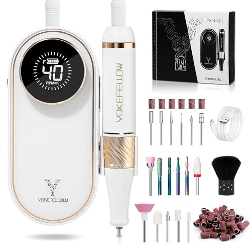 YOKE FELLOW Ponceuse pour Ongles Professionnel - 40000 RPM Lime a Ongle Electrique Rechargeable Vitesse Réglable avec LCD écran Avec 17 Embouts pour Salon/Maison