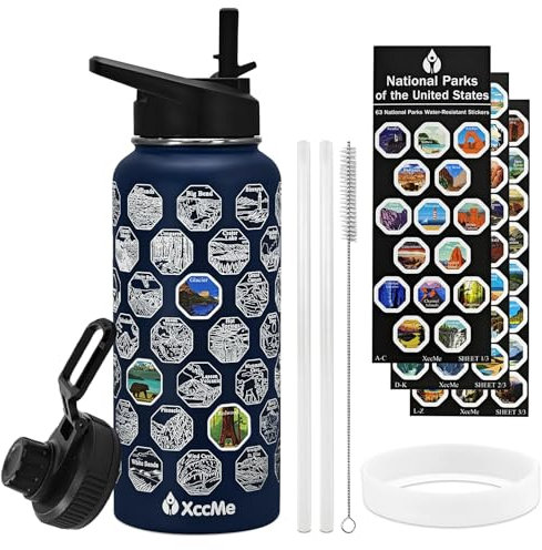 XccMe National Parks Water Bottle with Stickers,32 oz Insulated Stainless Steel Water Bottle with 2 Lids,Straws,Silicone Boot,Waterproof Stickers,Travel Vacuum Sealed Water Bottle,Leak Proof (Blue)