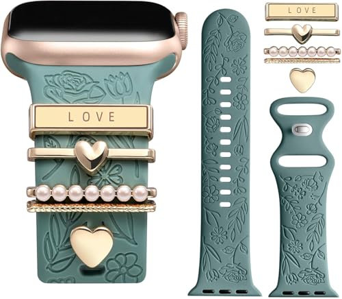 Designer Flower Engraved Strap with Charming Decoration Compatible with Apple Watch Straps Women 38mm 40mm 41mm 42mmm 44mm 45mm 46mm, Strap with Decoration for iWatch Series 11 10 9 8 7 6 5 4 SE