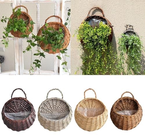 Wall Fence Hanging Planter Handmade Rattan Basket Hand Made Wicker Rattan Flower Basket Flower Pots Hanger Garden Decoration Indoor Outdoor Watering Hanging Baskets Faux Potted (B-Grey, One Size)