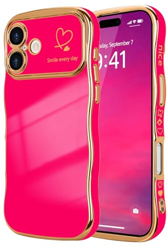 LCHULLE for iPhone 16 Plus Case Cute for Women Girls Wavy, Hot Pink | Luxury Plating Curly Wave Shape Frame with Love Heart Pattern, Raised Camera Protection Back Cover Shockproof Phone Case