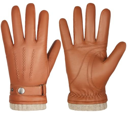 Schaffell Lederhandschuhe für Herren Winter Warm Kaschmir Gefüttert Touchscreen Sporthandschuhe Laufen Radfahren Ski Orange Braun 169M