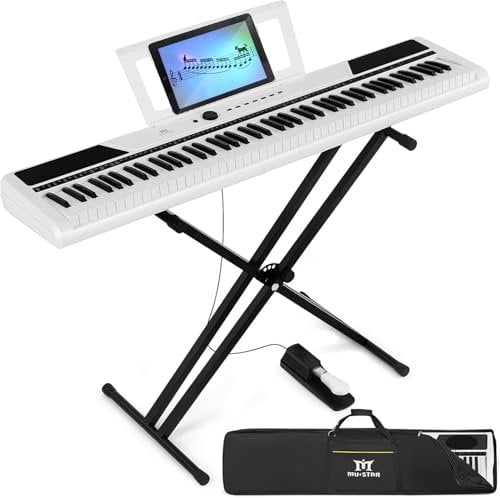 MUSTAR Digital Piano 88 Weighted Key with Stand, 88 Key Semi Weighted Keyboard Piano, Full Size Electric Piano Keyboard 88 Keys for Beginners, 2x25W Stereo Speakers, Case, Sustain Pedal (White)