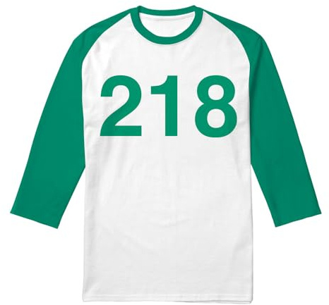 Squid Game Player 218 Unisex 3/4 Baseball T Shirt, White/Kelly, Medium