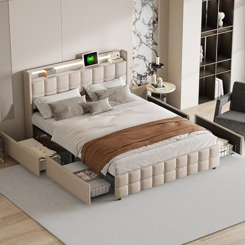 Lit Adulte 160x200cm, Lit Double Capitonné avec 4 Tiroirs et éclairage LED, Prise USB et Tête, sommier à Lattes, Lin, Beige(sans Matelas)