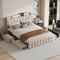 Lit Adulte 160x200cm, Lit Double Capitonné avec 4 Tiroirs et éclairage LED, Prise USB et Tête, sommier à Lattes, Lin, Beige(sans Matelas)