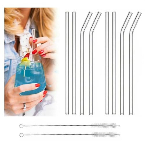 Pack of 8 Eco Friendly Reusable Glass Straws for Smoothie Cocktail Milkshake Cold Drinks (4 Straight 4 Bent and Cleaning Brush)