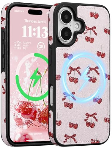 ZCDAYE Case for iPhone 16 Plus Compatible with Magsafe, Leather Cute Printed Phone Case Aesthetic Pattern for Women Girls, Durable Bumper Shockproof Phone Cover for iPhone 16 Plus,Cherry Bow