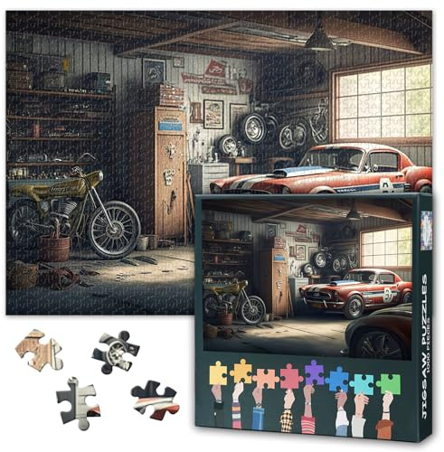Retro Puzzles für Erwachsene 1000 Teile, Alte Garage gefüllt mit Oldtimern und Motorrädern Puzzle 1000 Teile, unmögliche herausfordernde Puzzles, 50x70 cm