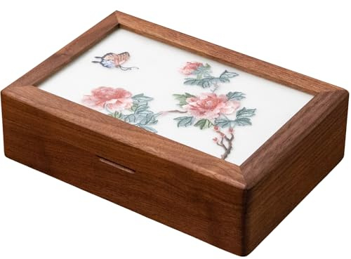 muso wood Holz Schmuckkästchen aus echtem Walnussholz Chinesische Stickerei Stil Schmuckkiste Schmuckaufbewahrung Chic Schmuckkasten für Halsketten Armbänder Ringe - Die Sehnsucht der Schmetterlinge