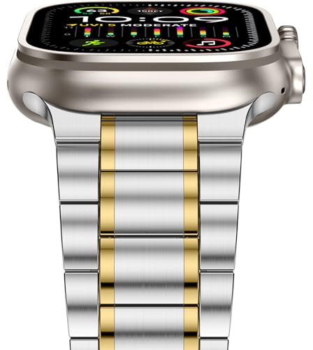 Anlinser Correas Compatible con Correa Apple Watch 49mm 46mm 45mm 44mm 42mm, Cinco Eslabones Pulsera de Repuesto Acero Inoxidable Metal para iWatch Ultra 2/1 Serie 10 9 8 7 6 5-1 SE (Oro Plateado)