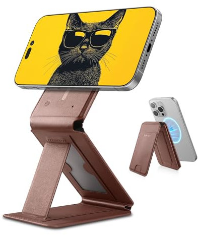 SURITCH Phone Tripod Wallet with Find My Functionality, Magnetic & NFC Supported Card Holder with RFID Blocking,Wallet with Adjustable Stand Selfie Stick for iPhone 17/16/15/14/13/12 Series,Brown