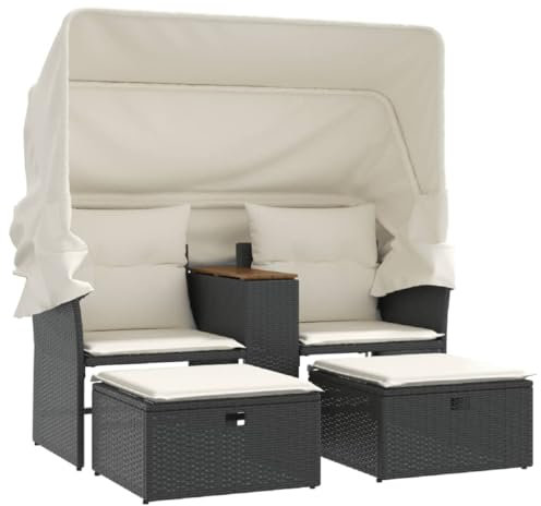 Eleganz Gartensofa 2-Sitzer mit Dach und Hockern - Schwarz Poly Rattan, wetterfestes Sonnendach aus 100% Polyester, ideal für Terrasse und Garten, komfortabel und langlebig