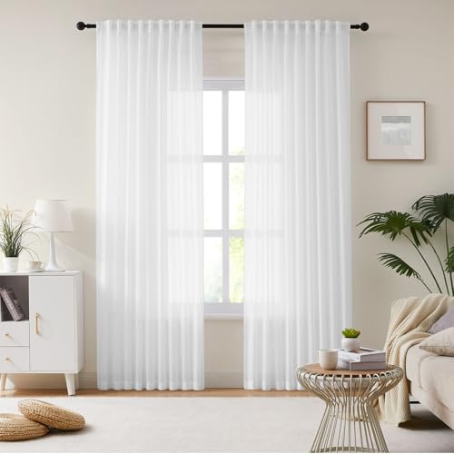 Melodieux Schienen Gardinen Vorhang, Rod Pocket Weiß Sheer Voile Vorhang Stangedurchzug Weiß, 260×137cm (H×B) 2er Set