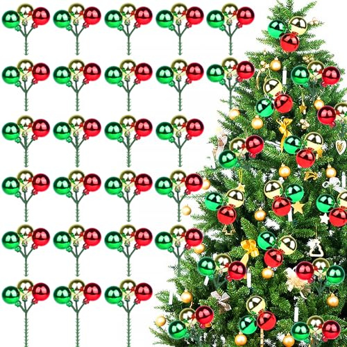 Larber 24 Stück Weihnachtskugeln Set mit Stiel, 20CM Glitzernd Mehrköpfig Christbaumkugel，Rot, Grün und Goldfarben Weihnachtskugeln Picks für Weihnachtsbäume Kränze DIY Geschenke Party Wohnkultur