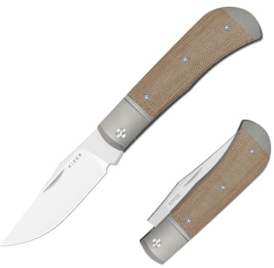Kizer Trestle Taschenmesser, Clip Point 14C28N Klinge Outdoor Klappmesser | 7,35 cm Klinge Slip Joint Messer mit Silber-Titan- und Micarta-Griff, Kleines EDC Messer mit Nagelkerbe zum Öffnen, V3761A1