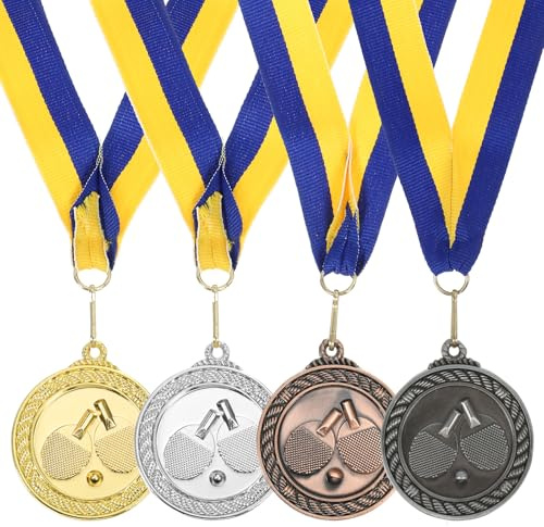 QUARKZMAN 4 Stück Tischtennis Medaillen Auszeichnung 5cm Gold Silber Bronze | Orden, Eisen Metall, Mit Halsbändern, Für Sportstag Oder Mini Olympiade, Medaillen Auszeichnung