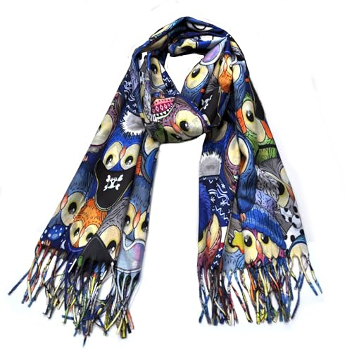Generisch Modischer Damen Winterschal mit Eulen-Motiv, Lang 185 cm, Fransen Design, Mehrfarbig Weicher Stola Halstuch für Erwachsene