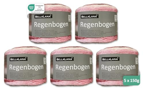 BellaLana Wolle Regenbogen - Farbverlaufs-Garn zum Stricken & Häkeln - 48% Polyester, 27% Polyacryl, 20% Recycelte Baumwolle - Lauflänge 330m/150g, Nadelstärke 4-5, 5 x 150g - Beere