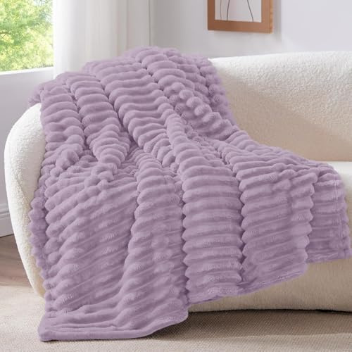 BEDELITE Fluffy Fleece Throw Blanket, Striped Decorative Soft Warm Gift for Sofa Bed Couch, King Size, Lilac