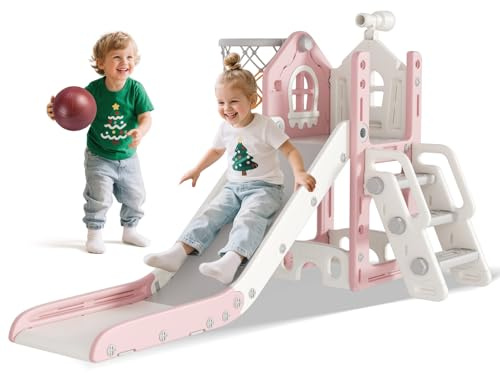 BIERUM 6 in 1 Toddler Slide - L-Shaped Baby Slide for Toddlers Aged 1-3 with Basketball Hoop, Telescope Toy and Anti-Slip Pads, Indoor Outdoor Toddler Playset, Pink Gray
