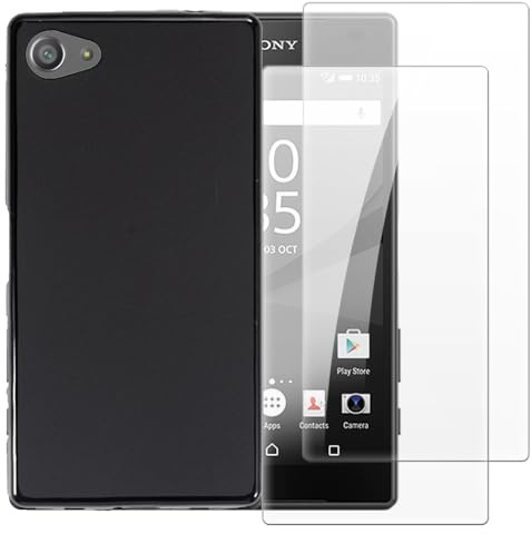 Shantime Hülle und Displayschutz für Xperia Z5 Compact - Schwarz | 4.6 Stoßfeste Hülle mit 2er-Pack gehärtetem Glas Kombiset für umfassenden Körperschutz