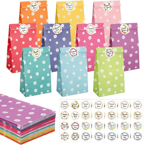 woric 50x Paper Party Bags, 10 Colors Polka-dot Sweet Bags for Kids Party | Rainbow Party Bags Kraft Paper Bags with 60 Stickers for Party Favours Kids Birthday Baby Shower Advent