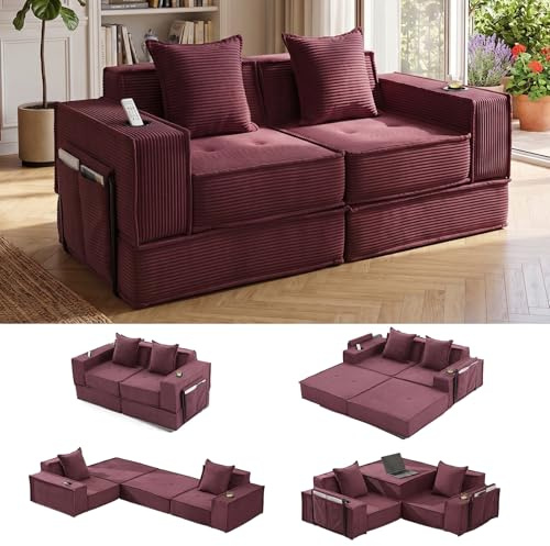 Atenza Schlafsofa mit Schlaffunktion 2-Sitzer Cord Bodensofa Getränkehalter | Weiches Feincord-Gewebe für Wohn- & Spielzimmer, 162x78x66cm, Boneless Couchset mit integrierten Seitentaschen