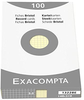 Exacompta 13228E Packung (mit 100 Karteikarten, ungelocht DIN A5, 148 x 210 mm, 205 g, kariert, ideal für die Schule) 1er Pack gelb