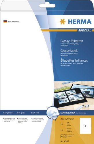 HERMA 4909 Hochglanz Etiketten, 800 Blatt, 210 x 297 mm, 1 pro A4 Bogen, 800 Stück, selbstklebend, bedruckbar, glänzend, blanko Glossy Papier Klebeetiketten Aufkleber, weiß