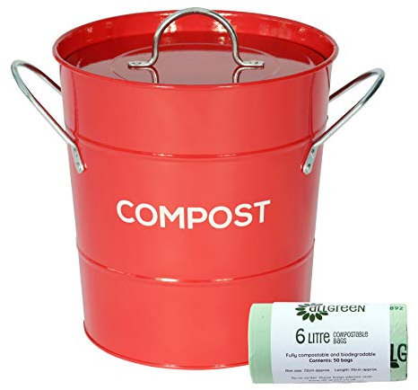 Red Metal Kitchen Compost Caddy & 50x 6L All-Green Compostable Bags - Composting Bin for Food Waste Recycling
