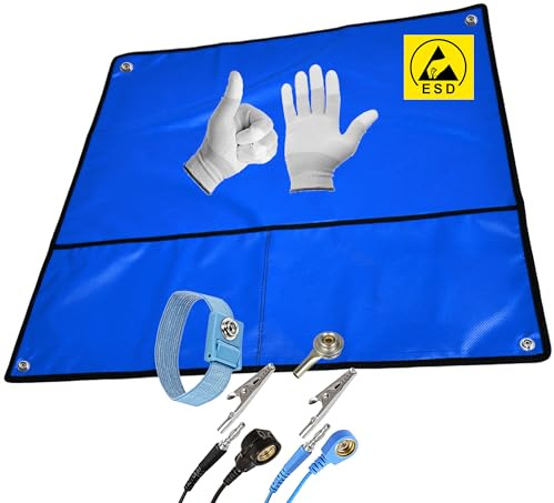 Minadax 60×60 cm ESD SET Antistatische Arbeitsmatte Tischmatte Unterlage | Tragbar & Faltbar + Manschette + Erdungskabel + ESD Handschuhe - Schutz vor Entladungsschäden