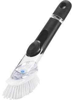 OXO Good Grips, Brosse à vaisselle distributrice de savon avec manche, Brosse de nettoyage pour vaisselle, Noir, Blanc