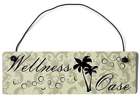 Deko Shabby Chic Schild Wellness Oase Vintage Holz Türschild in beige mit Draht