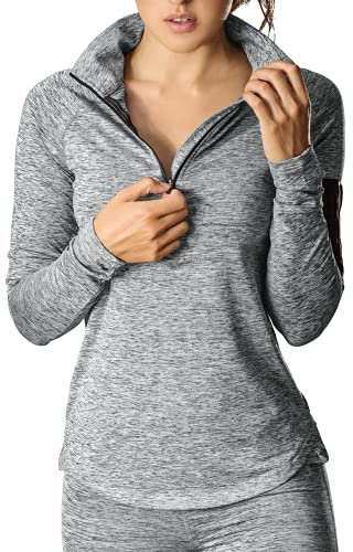 icyzone Damen Laufjacke Trainingsjacke 1/2 Zip Langarm Laufshirt im Winter (Athletic Grey, S)
