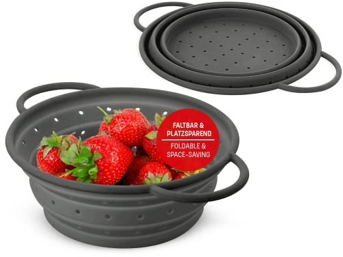 Coolinato – Passoire silicone pliable 20 cm gris – Passette pour nouilles, légumes & fruits - Compatible au lave-vaisselle, sans BPA, & résistante à la chaleur - Rabattable & peu encombrante