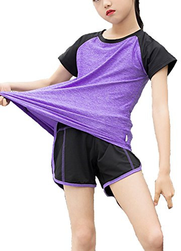 Echinodon Mädchen Sport Set Shirt + Shorts Schnelltrockend Sommer 2tlg Sportanzug für Yoga Jogging Training Violett 130